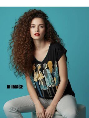 Edista Vintage Women Graphic Tee Black V-Neck Size M
